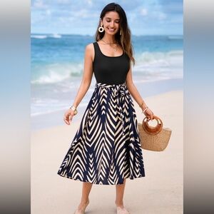 Elegant Black and Cream Midi Dress